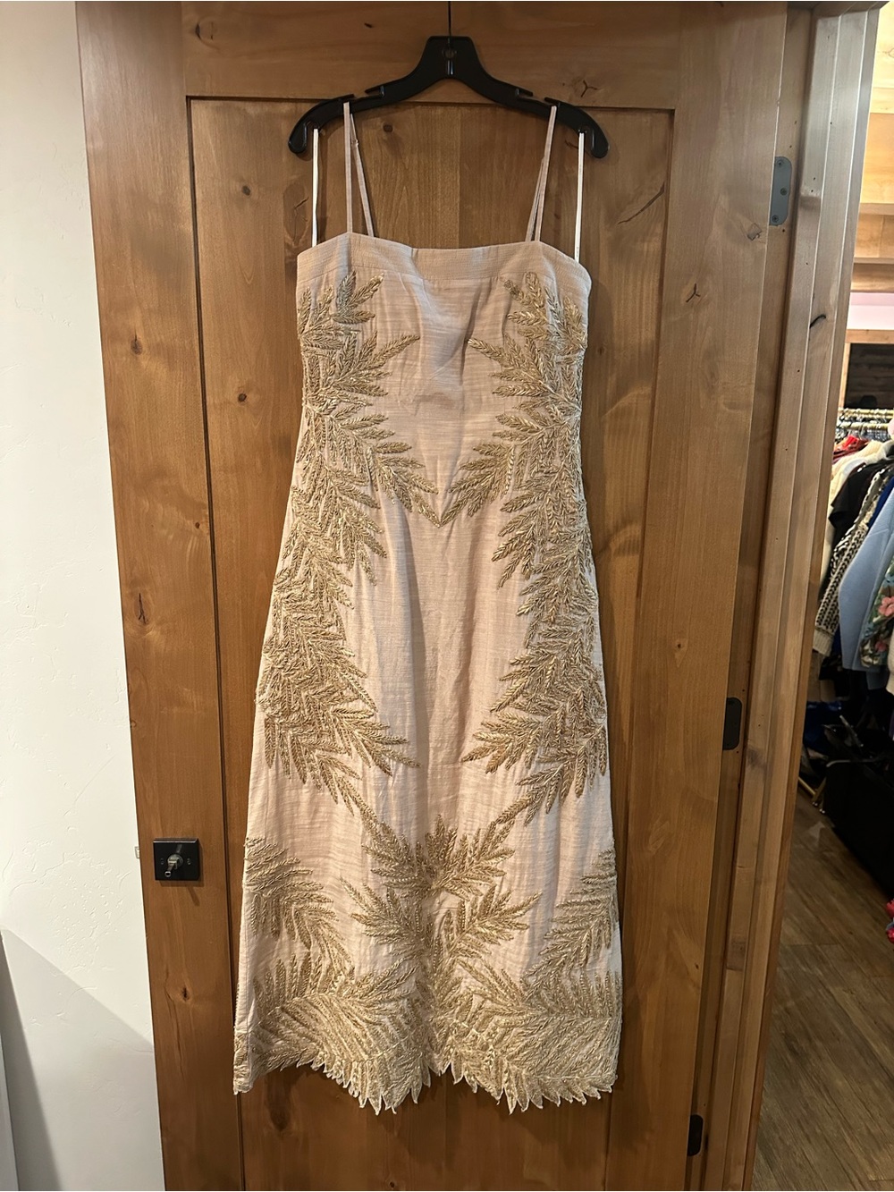 AMUR Linen Midi Dress with Gold Leaf Embroidery